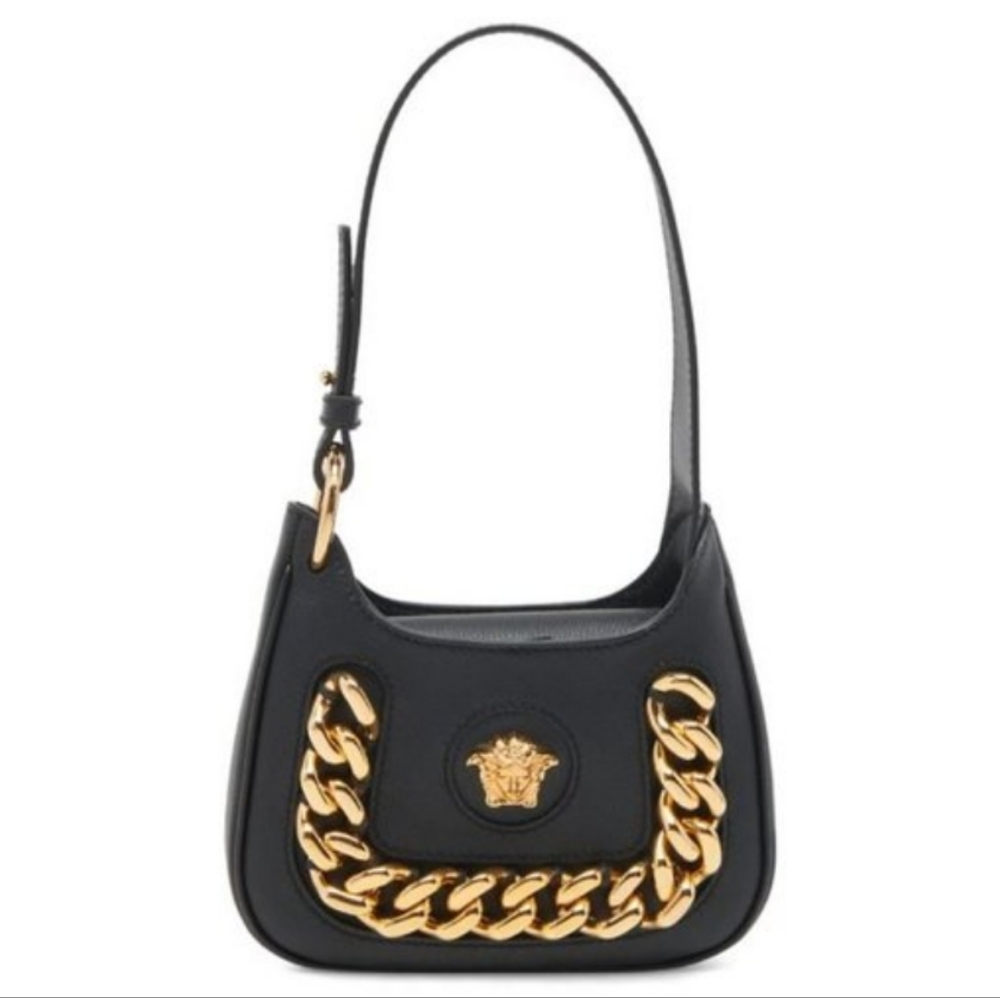 Versace La Medusa Chain Leather Hobo Bag Black - Picture 1 of 11